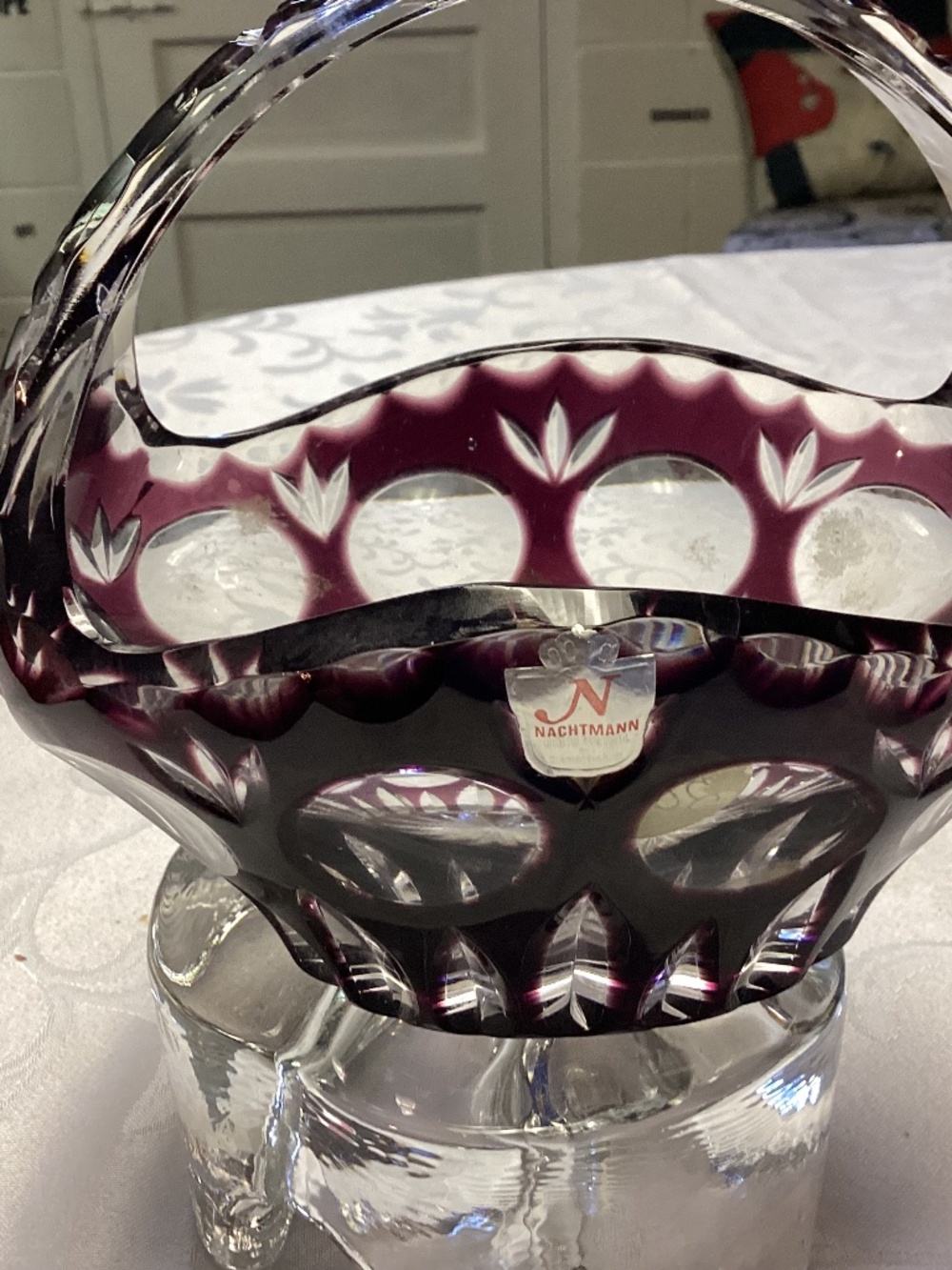 PURPLE CRYSTAL CUT TO CLEAR BASKET  NEVER USED INTRICATE NAUCHTMANN.